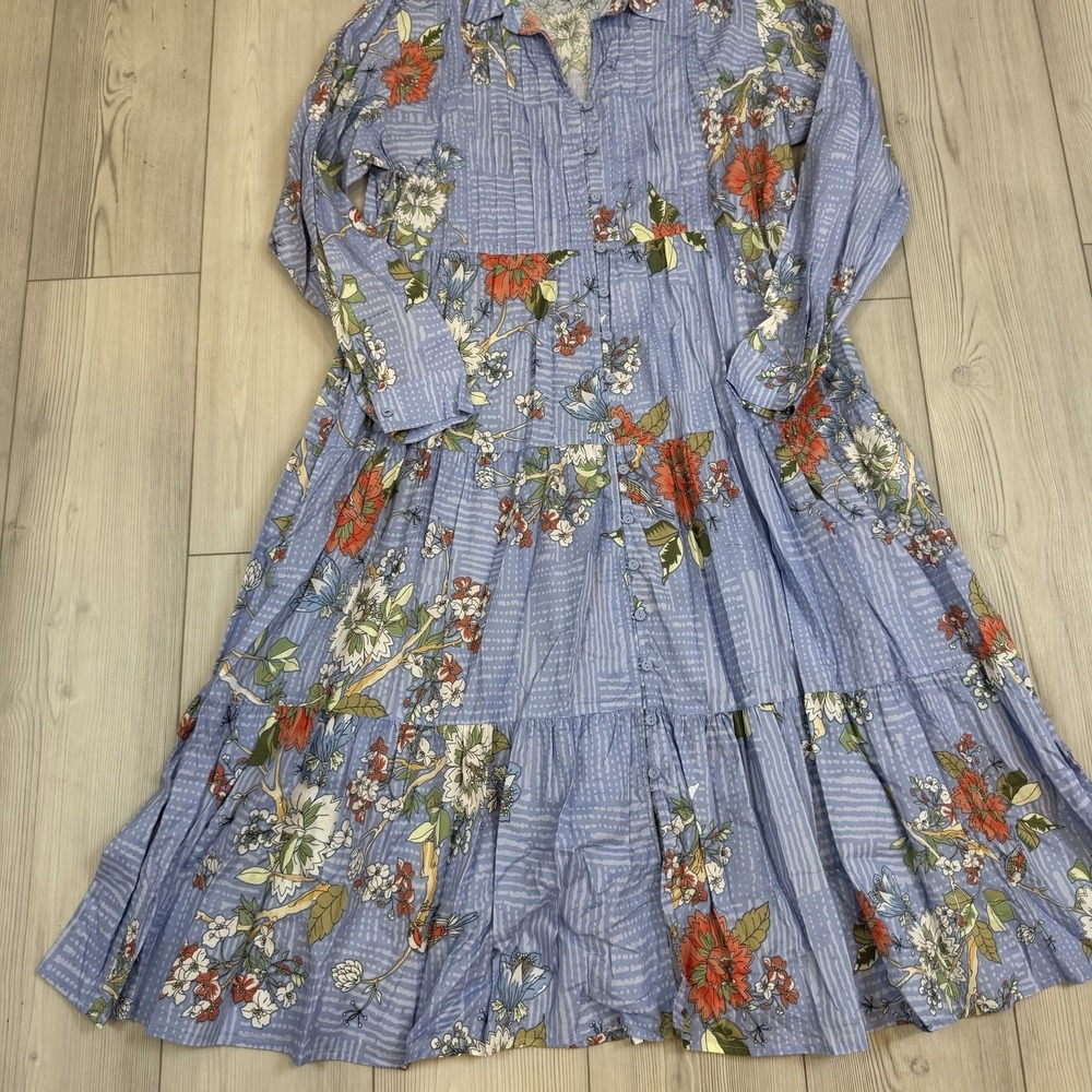 Johnny Was XL Mosaic Tiered‎ Wanderer Midi in Blue Floral Cotton Shirt Dress - Picture 4 of 12